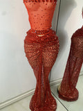Sparkly Red Rhinestones Sequins Alluring See Through 2 Piece Maxi Dress 2025 Women's Evening Birthday Party Stage Show Outfit