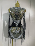 Luxury Birthday Sparkly Diamonds Sequin Tassels Long Sleeves Sheer Mini Dress Evening Party Sexy Mesh Nightclub Photo Shoot Wear