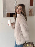 Beige Fluffy Faux Fur Jacket Women Long Sleeve Open Front Warm Cozy Coat Fall Winter Party Daily Streetwear Trendy Outerwear New