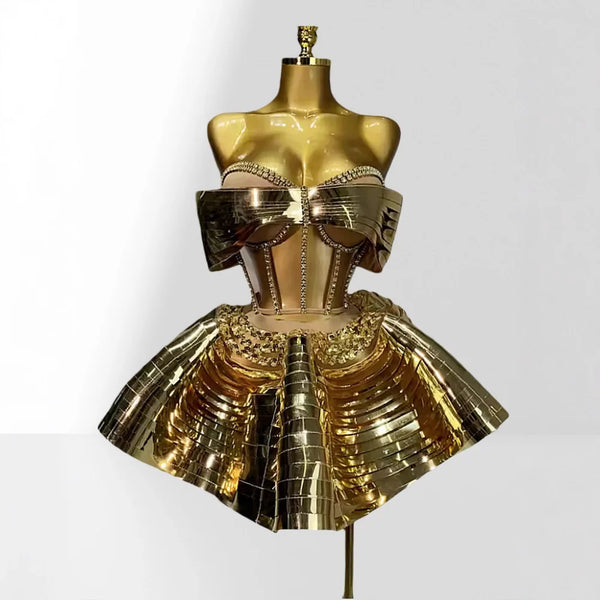 Stylish Mirror Bow See-through Top 3D Umbrella Skirt Set Party Stage Performance Dress Vestido De Festas Vestidos Fiesta De Lujo