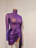 Women Purple Rhinestone Mesh Short skirt  High Neck Long Sleeve With Metallic Ruched Mini Skirt dinner party Cocktail Costume