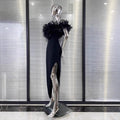 Women's Summer Ruffle Trim Off-the-shoulder Black Dress Fashion Elegant Party Bandage Evening Performance Gown Vestido De Festas