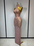Women Sexy Backless Pink Diamond Mesh See Through Long Dress Evening Club Party Celebrity Elegant Stage Performance Costume