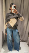 Women's Brown Beige Plaid Knitted Sweater Fashion Off Shoulder Patchwork Loose Blouse Lady Autumn Winter Casual Outerwear
