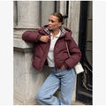 Casual Hooded Puffer Jacket Women Plaid Lining Drawstring Collar Quilted Warm Padded Elastic Cuff Coat Winter Oute Street Wear