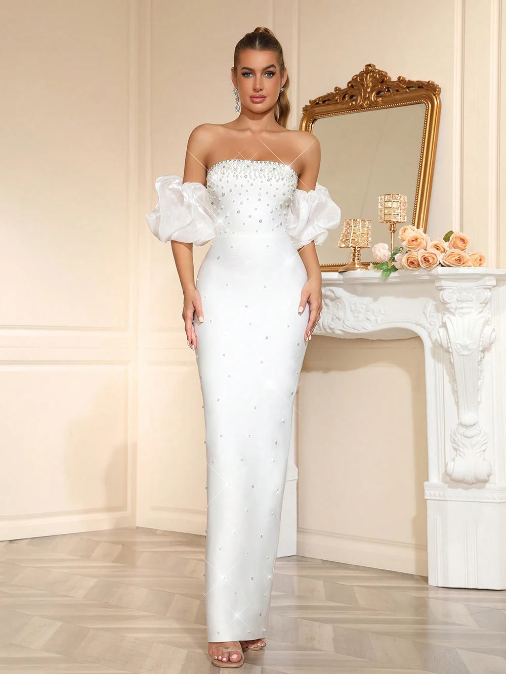 Women Sexy Strapless Diamond Maxi Long Bodycon Bandage Dress With Bubble Sleeves 2025 Elegant Evening Wedding Party Gowns