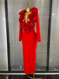 Red Color Women Long Sleeve Sexy V-Neck Florals Golden Sequined Bodycon Long Bandage Dress Winter Celebrate Evening Outfit