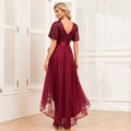 Women Elegant V-neck Ruffle Short Sleeve Evening Dress A-Line Fluffy Gauze Irregular Party Dress Formal High-Low Vestidos