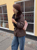 Women Short Belted Puffer Jacket Large Faux Fox Fur Collar Waist Tie Puff Sleeve Thick Warm Coat Winter Elegant 2026 Streetwear