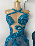 Women Sexy Sparkly Crystal Sequins Sleeveless Mesh See Through High Split Long Birthday Dress Dancer Performance Stage Costume