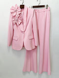 Women's Suits Solid Fashion 3D Flowers Single Breasted Blazer 2 Piece Jacket Pants Outfits Female Formal Pantsuit Set