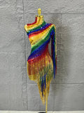 Luxurious Rainbow Fringe Dress with Rhinestone Detail and Single Sleeve Ideal Nightclub Women Carnival Party Rave Outfit