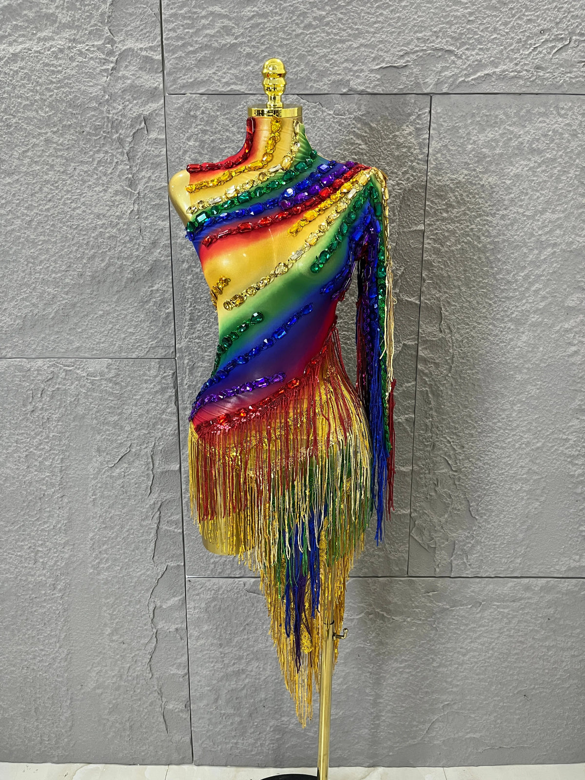 Luxurious Rainbow Fringe Dress with Rhinestone Detail and Single Sleeve Ideal Nightclub Women Carnival Party Rave Outfit