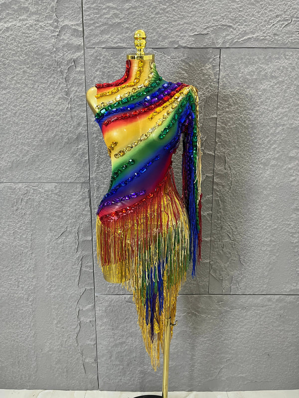 Luxurious Rainbow Fringe Dress with Rhinestone Detail and Single Sleeve Ideal Nightclub Women Carnival Party Rave Outfit
