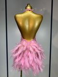 Sexy Halter Backless Feather Pearl Short Party Dress Women Luxury Rhinestone Celebrate Birthday Outfit Performance Dance Costume