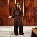 Solid Color Tie Neck Satin Blouse Wide Leg Pants Two Piece Set Long Sleeve Loose Fit 2026 Spring Daily Vacation Women Outfit