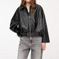 Fashion Leather Jacket Women's Vintage Faux Leather Bomber Jacket Solid Zipper Lapel Long Sleeves Autumn High Street Coat