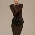Elegant Style Pencil Dresses for Women O Neck Shoulder Pud Long Sleeve High Waist Pleated Slim Maxi Dress Female