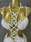Women Sexy Sparkly White Braided Halter Mini Dress Gold Bead Trim Cutout Sides Ideal Beach Parties Vacations Special Occasions