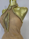 Sexy Halter Sparkly Diamonds Golden Mesh Sequins Maxi Long Dress Women Elegant Evening Party Birthday Luxury Wedding Guest Gown