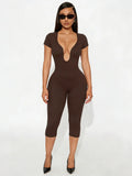 Weird Puss Irregular Low-Neck Playsuit Women Trend Wild Sexy Short Sleeve Patchwork Classic Fashion Simple Stretch Streetwear