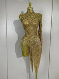 Sparkly Rhinestones Tassel Sexy See-Through Dress Women One Shoulder Latin Dance Outfits Bars Nightclub Party Stage Costume