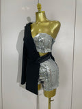 Women Shiny Sequins Black Splicing Long Sleeved Shorts Jumpsuit Celebirty Evening Birthday Party Bar Fashion Club Casual Dress
