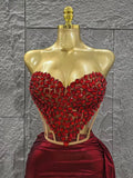 Glamorous Sparkly Red Diamonds Sexy Tops Skirt 2 PCS Set 2025 Women Celebrate Party Birthday NightClub Performance Stage Outfit