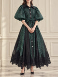 Spotted Print Shirt Maxi Dress for Women Puff Sleeve Point Collar Self Tie Sash Waistband Lace Hem Patchwork Mesh Overlay