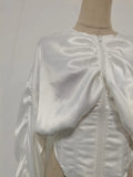 Vintage Patchwork Fish Bone Tunic Blouse for Women O Neck Puff Sleeve Spliced Zipper High End Shirts Female Autumn