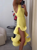Sexy Spliced Ruffled Hem Midi Dress for Women Halter Sleeveless High Waist Patchwork Lace Up Slim Dresses Female