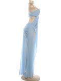 Sexy See Through Dress Women Sexy Halter Chain Backless Irregular Ruched Patchwork Vacation Birthday Party Clubwear