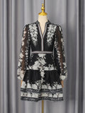 Vintage Indie Folk Style Print Dress for Women V Neck Three Quater Sleeves Patchwork Hollow Out Tiered Dresses Female New