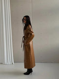 Plain Faux Leather Trench Coat Women V Neck Waist Lace Up Long Full Sleeve Back Split Jacket Winter Street Fashion Outfits 2026