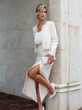New Arrival Elegant Lady 2 Piece Skirt Set Bead Crystal Suit Long Sleeve Jacket Slim Split Midi Skirt Women 2 Pcs Outfit