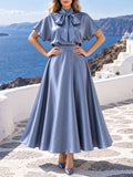 Satin Two Piece Sets for Women Bow Tie Mock Neck Blouse High Waist Flared A‑Line Maxi Skirt for Formal Banquet Party Wear