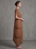 Sexy V Neck Tiered Folds Design Long Dress Women Sleeveless Multi-Layered Draped Temperament Dresses Evening Party Gowns