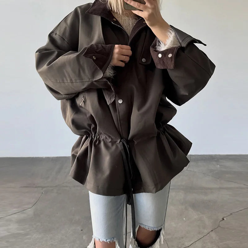 Retro Drew-string Jackets Women's Loose Full Sleeves Buttons Zipper Pockets Lapel Coats 2026 New Ladies Autumn Solid Outwear