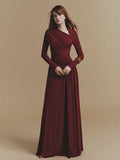 Elegant Women Pleated Solid Slim Maxi Dresses Women V Neck Long Sleeve High Waist Long Dress Female Party Prom Gowns