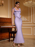 Luxury Violet Bandage Long Dress Women's Ruched Beaded Tight Strap Maxi Dress Elegant Celebrity Evening Birthday Party Vestidos