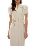 Apricot Mandarin Collar Maxi Dress for Women Short Sleeve Beaded Embroidery Tailored Waist Back Slit Design for Formal Event