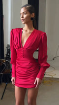 Sexy Women Deep V Puff Long Sleeve Satin Dress Solid Waist-cinching Design Ruched Slim Fit Dresses Elegant Party Lady Gowns 2026