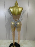 Sexy 3D Butterfly Strapless Mesh See Through Jumpsuit Sparkly Silver Diamond Eveing Party Birthday Bar Nightclub Stage Costumes