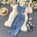 Women Denim Sets Sleeveless Strap Crop Top and Long Skirts Suits  Summer Jeans Streetwear Two 2 Piece Sets Outfits