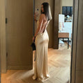 Thin Strap Diamond Back Women Maxi Dress Round Neck Cut Out Irregular Back Buckle Detail Fitted Waist Floor Length Long Dress