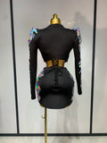 Women Long Sleeve Sequin Mini Bodycon Three Piece Set Birthday Evening Party Costume Bar Nightclub Performance Stage Outfit