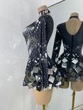 Flashing Rhinestones Mirrors Long Sleeve Dress Performance Singer Dancer Costume Bar Nightclub Party Stage Wear Birthday Vestido