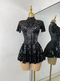 Sexy Women Short Sleeve Sparkly Sequins Stage Dress Luxury Evening Party Nightclub Performance Costume Stage Wear
