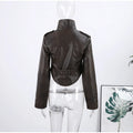 Fashion Women's Cropped Jacket Coat Faux Leather Stand Collar Long Sleeve Biker Style PU Leather Coats Streetwear Outerwear Top