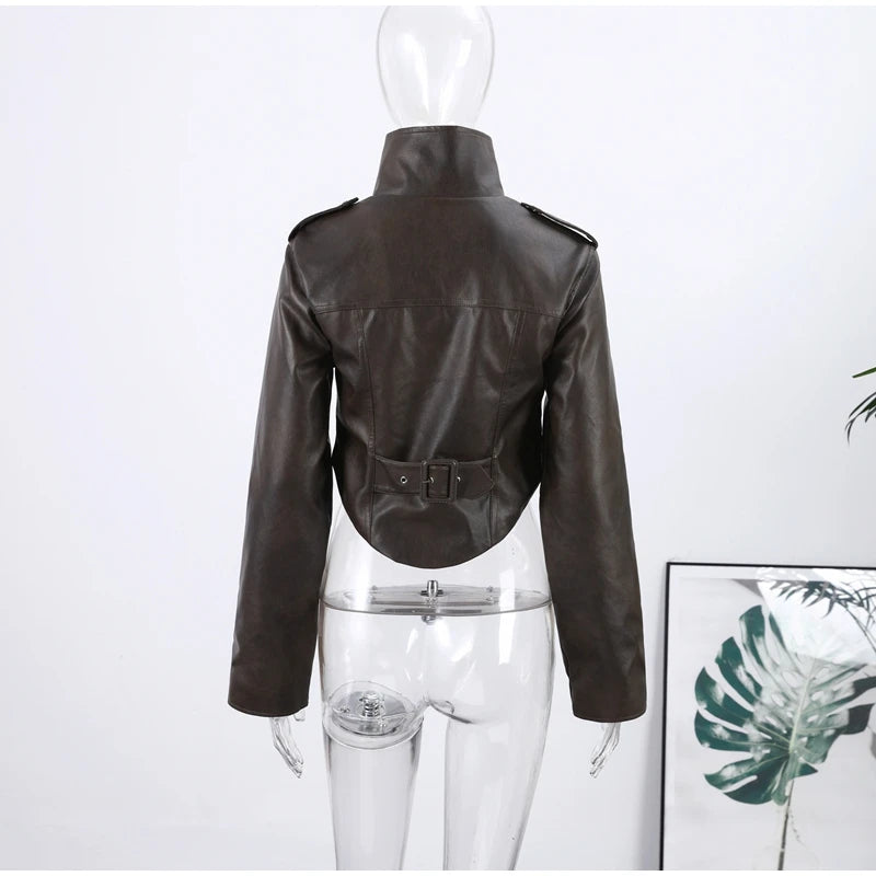 Fashion Women's Cropped Jacket Coat Faux Leather Stand Collar Long Sleeve Biker Style PU Leather Coats Streetwear Outerwear Top